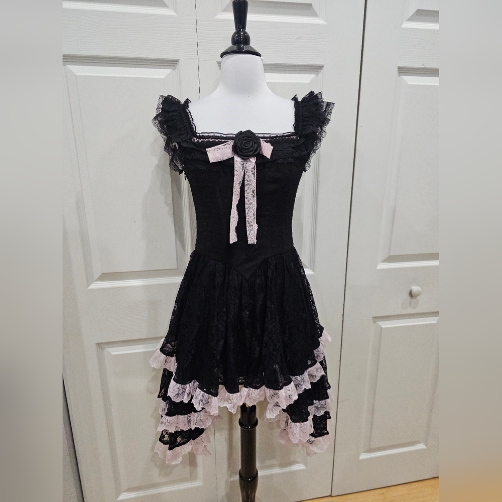 Dolls Kill Goth Dark In Love Black Pink Lace Rose Corset Lace Up Mini Dress S